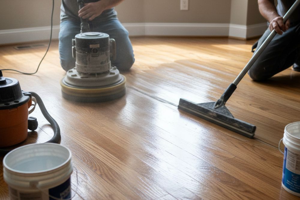 Professional team performing a hardwood screen and recoat Winston-Salem to restore floor shine.
