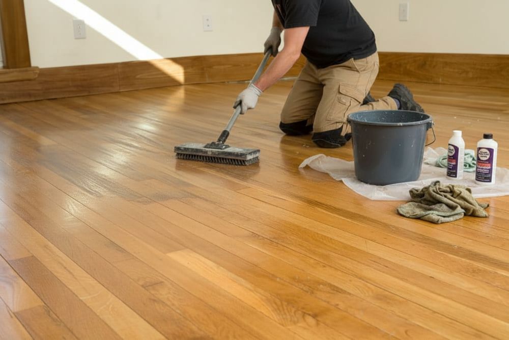 Technician performing Hardwood Wax Removal High Point using a specialized scrub brush.