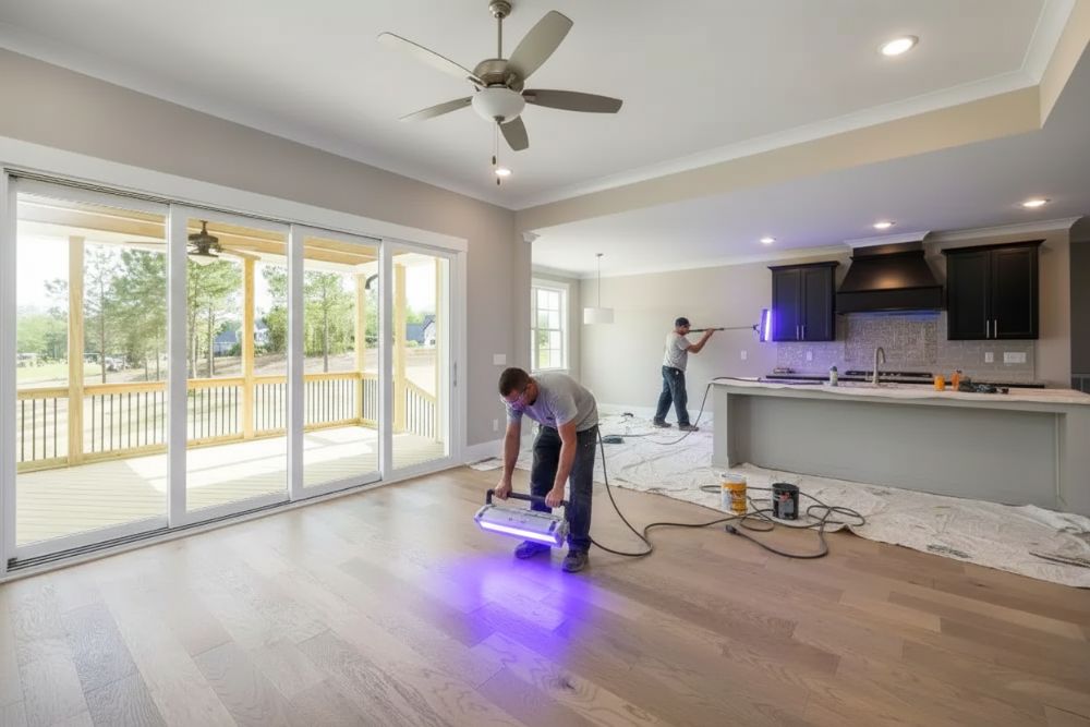 Professionals using specialized light equipment for instant UV curing on Mercer Island hardwood floors.