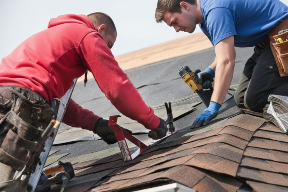 Two roofing professionals collaborating on a Myrtle Creek residential roof repair using a nail gun and hammer.