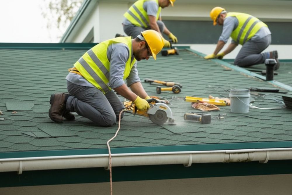 A team of roofers providing Oakland residential roof repair using power tools on a modern home.