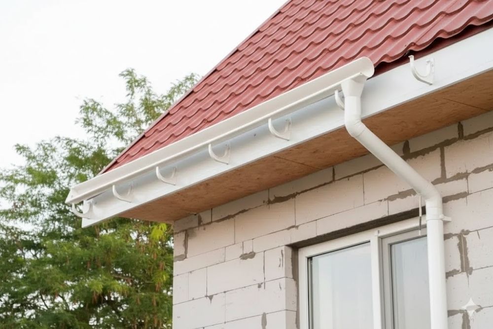 Finished residential gutter installation Scott MN featuring white gutters and downspouts on a brick house.