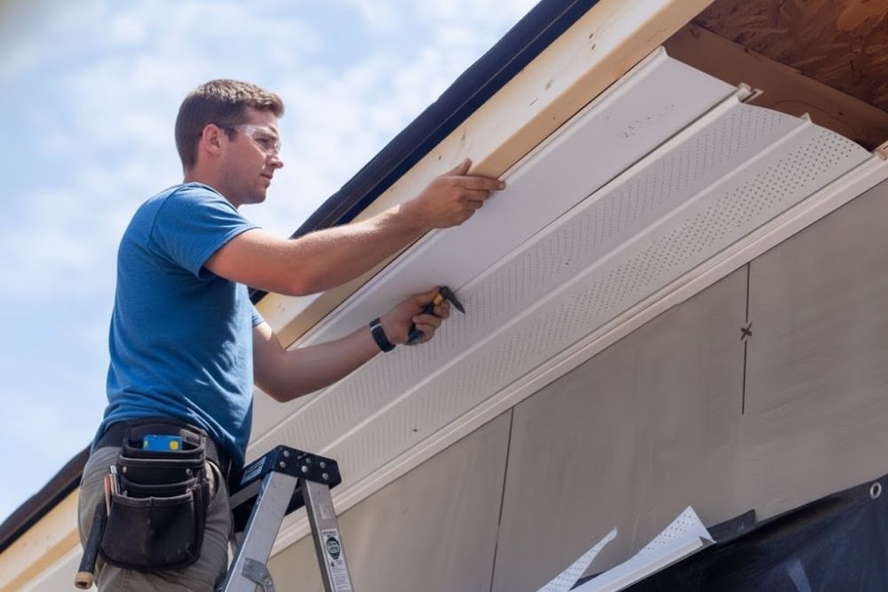 Professional Residential Siding Contractor Scott MN installing white perforated soffit panels on a home.