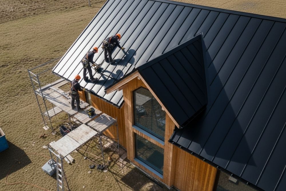 Professional contractors performing a Roseburg residential roof installation using black standing seam metal panels on a modern wood-sided home.
