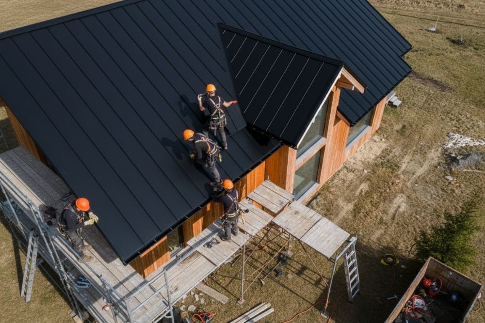 Professional contractors performing a Roseburg residential roof installation using modern black standing seam metal panels on a multi-story home.