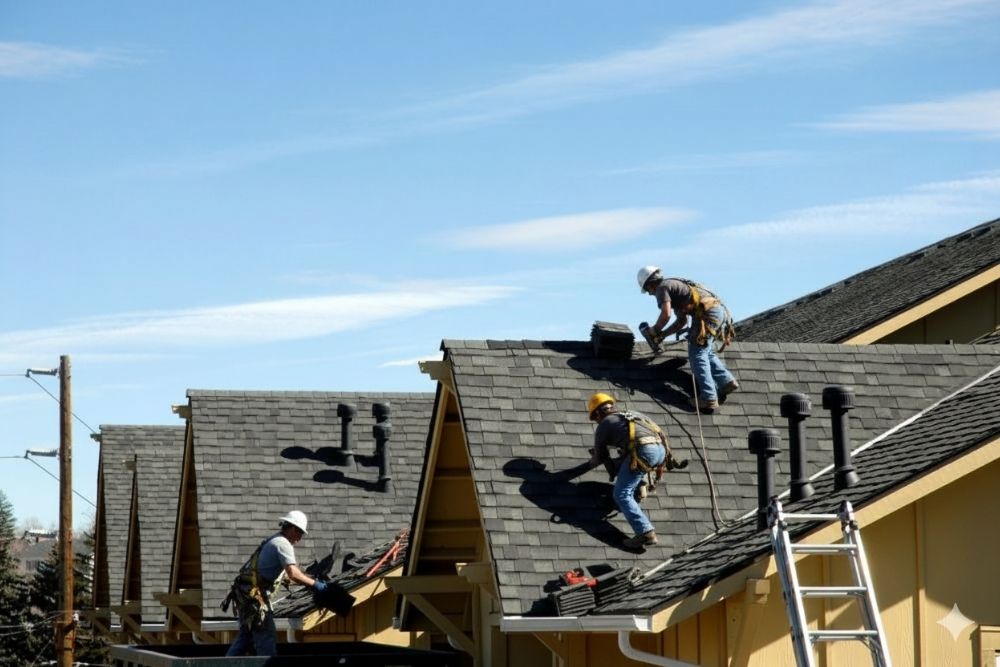 Professional roofers performing Roseburg residential roof repair on a multi-unit housing complex.
