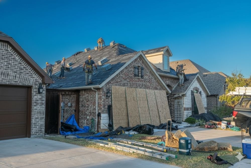 Roseburg Residential Roof Replacement project showing a professional crew installing new shingles and underlayment on a brick home.