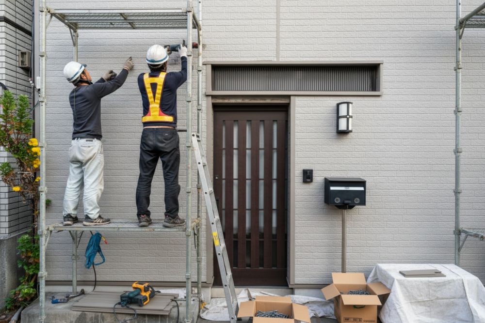 Professional contractors performing Roseburg residential siding repair on a modern home exterior using scaffolding.