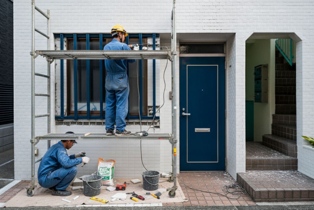 Professional contractors performing a Roseburg residential siding replacement on a white brick home.