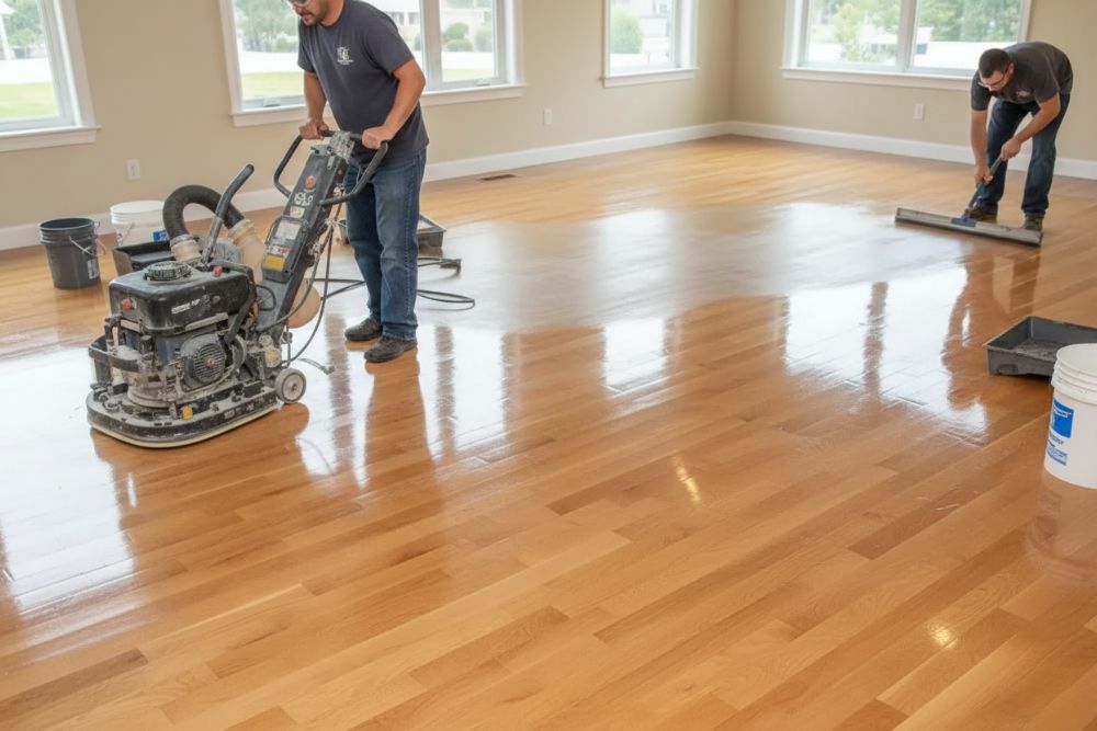 Professional flooring team performing a screen and recoat Mercer Island on light oak floors.