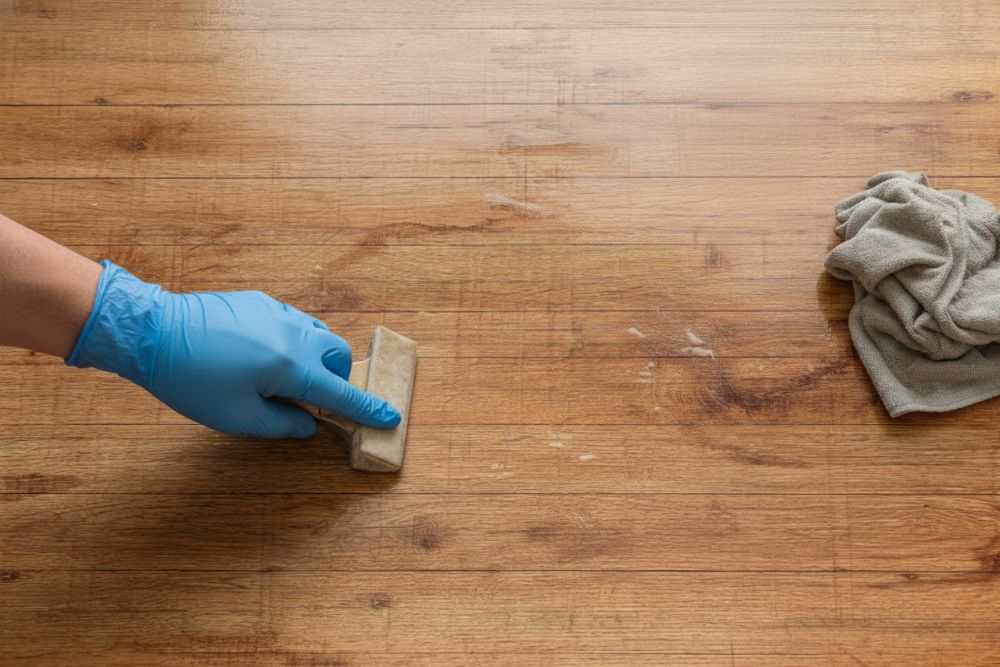 A person performing Summerfield hardwood wax removal using a hand tool and microfiber cloth on a light oak floor.