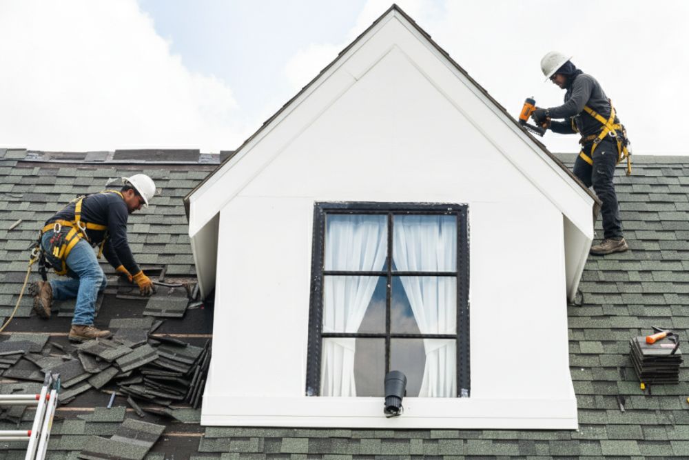 Roofing contractors executing a Sutherlin residential roof replacement featuring high-quality asphalt shingles.