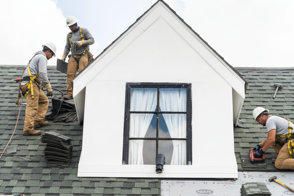 Professional crew performing a Sutherlin residential roof replacement on a steep gabled home.