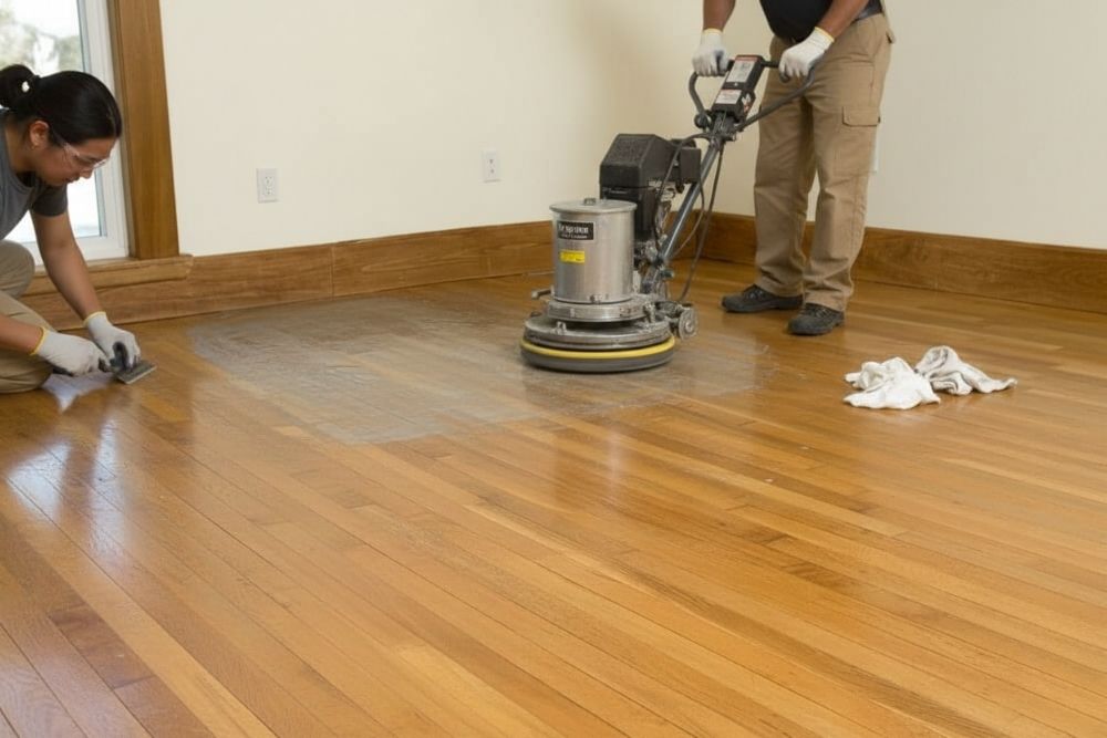 Professional hardwood floor wax removal Mill Creek WA using a rotary floor machine and manual scraping.