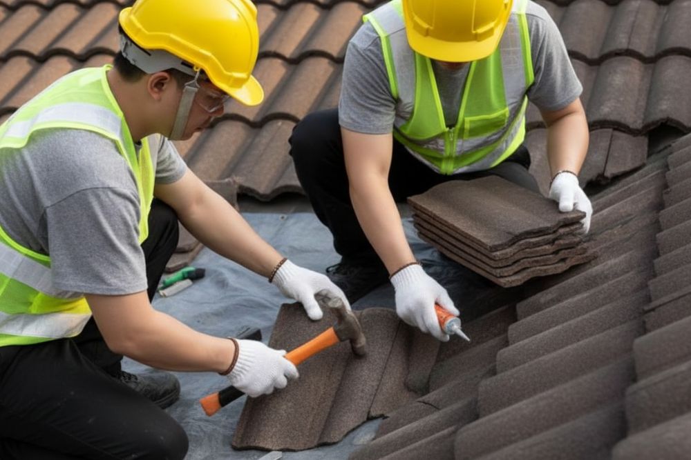 Professional team performing a Winston Residential Roof Repair by replacing broken clay tiles.