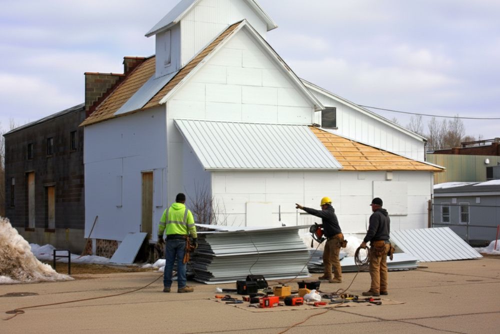 Professional contractors performing a Winston Residential Roof Replacement, installing new white metal panels over prepared decking.