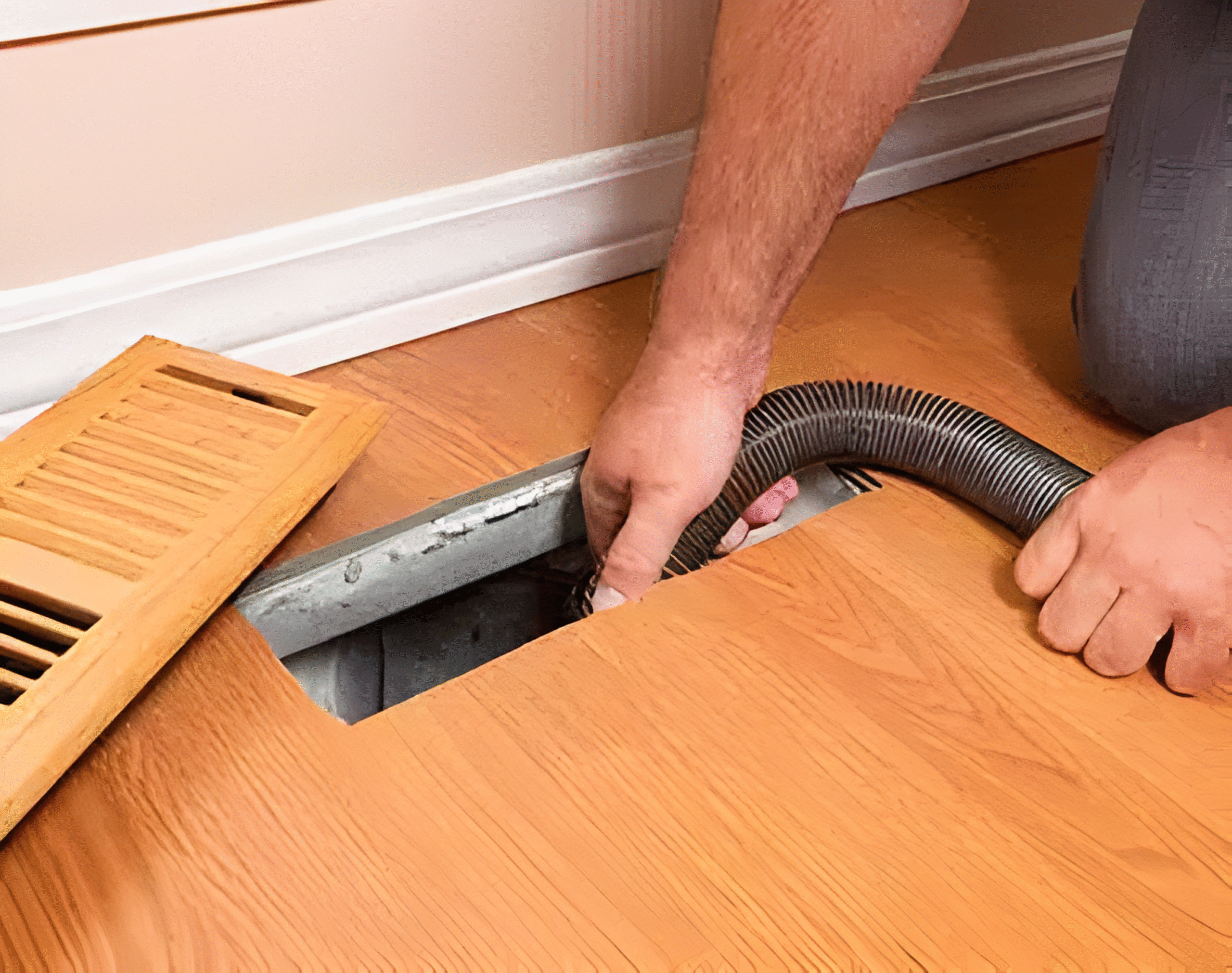 Air Duct Cleaning Colorado Springs CO by Premier Carpet Cleaning: Pro using a high-powered vacuum hose to clean floor ducts.