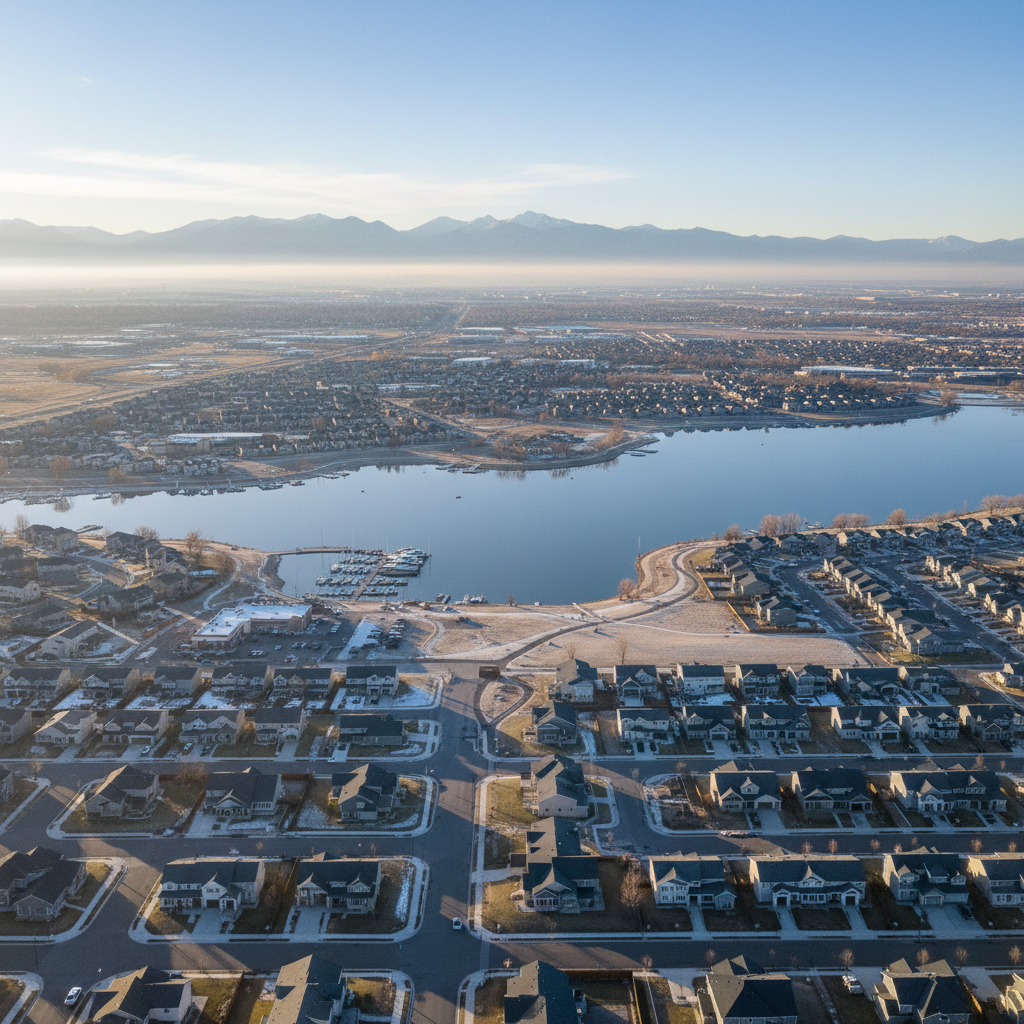 Aerial view of Boyd Lake; Internet Marketing Service in Loveland, CO by Top Click Joe Inc. promotes local scenic beauty.