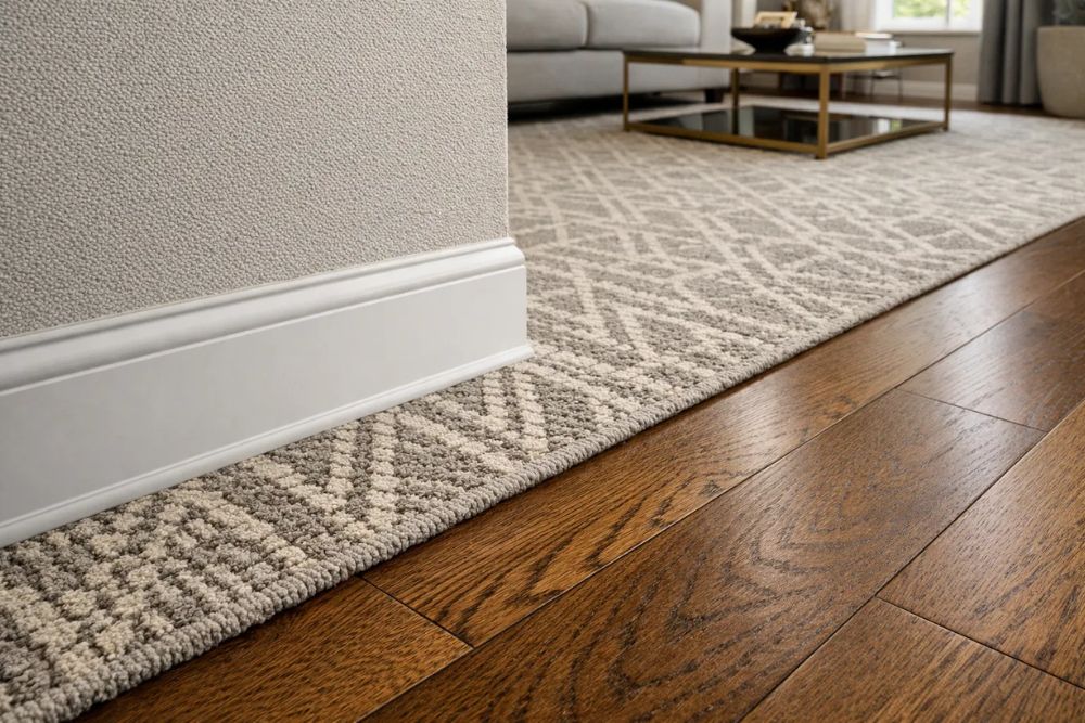 Detail of a newly completed Buckhead, GA Carpet Installation with patterned designer carpet and clean baseboard transitions.