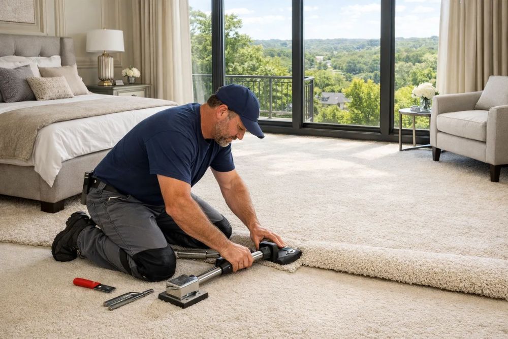 Professional Buckhead, GA Carpet Installation in a luxury master bedroom featuring plush cream carpeting.