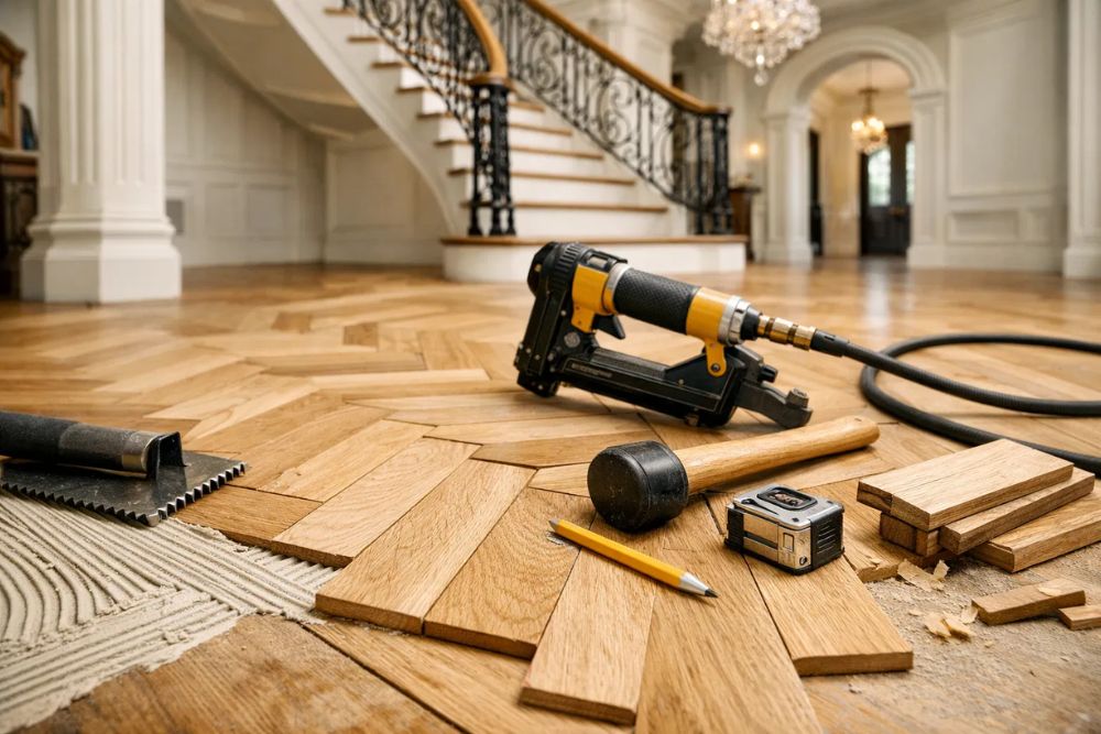 Close-up of a herringbone pattern hardwood floor installation in a luxury Buckhead, GA foyer, showing light oak planks and professional tools.