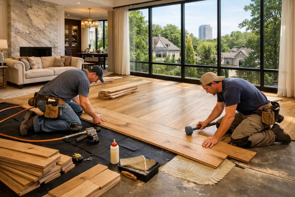 Buckhead, GA Hardwood Floor Installation in progress, showing two craftsmen meticulously laying wide-plank white oak floors in a luxurious living room with large windows.