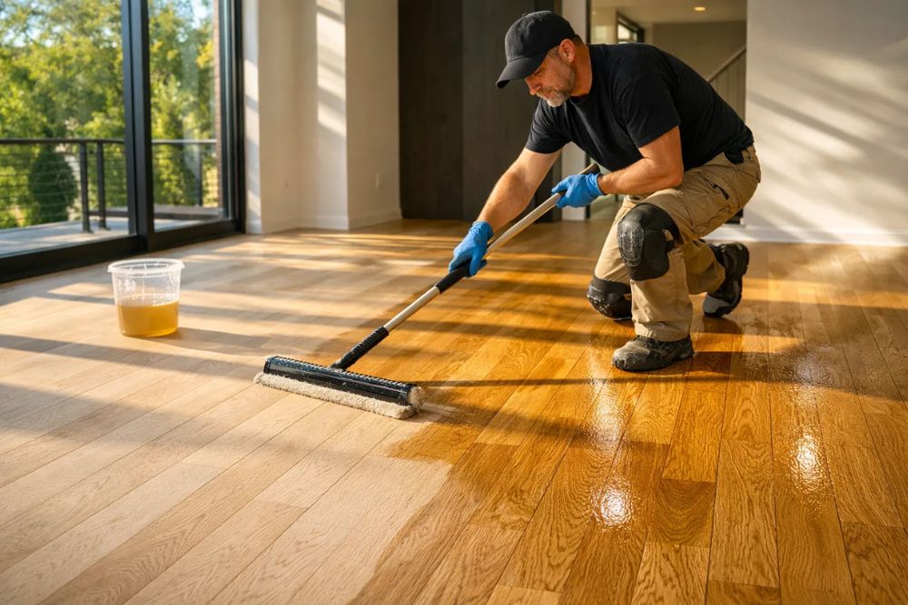 Professional applying clear protective finish to light oak hardwood floor in a modern Buckhead, GA home. Expert Buckhead, GA Hardwood Floor Refinishing in progress.