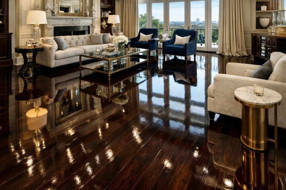 Luxurious dark-stained hardwood floors with a high-gloss finish in a Buckhead, GA living room, reflecting elegant furniture. Professional Buckhead, GA Hardwood Floor Refinishing.