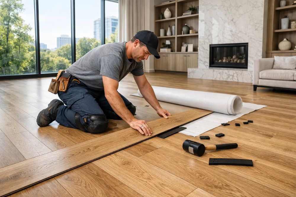 Buckhead, GA LVP Installation in a modern living room, showing a professional installing wide-plank luxury vinyl flooring.