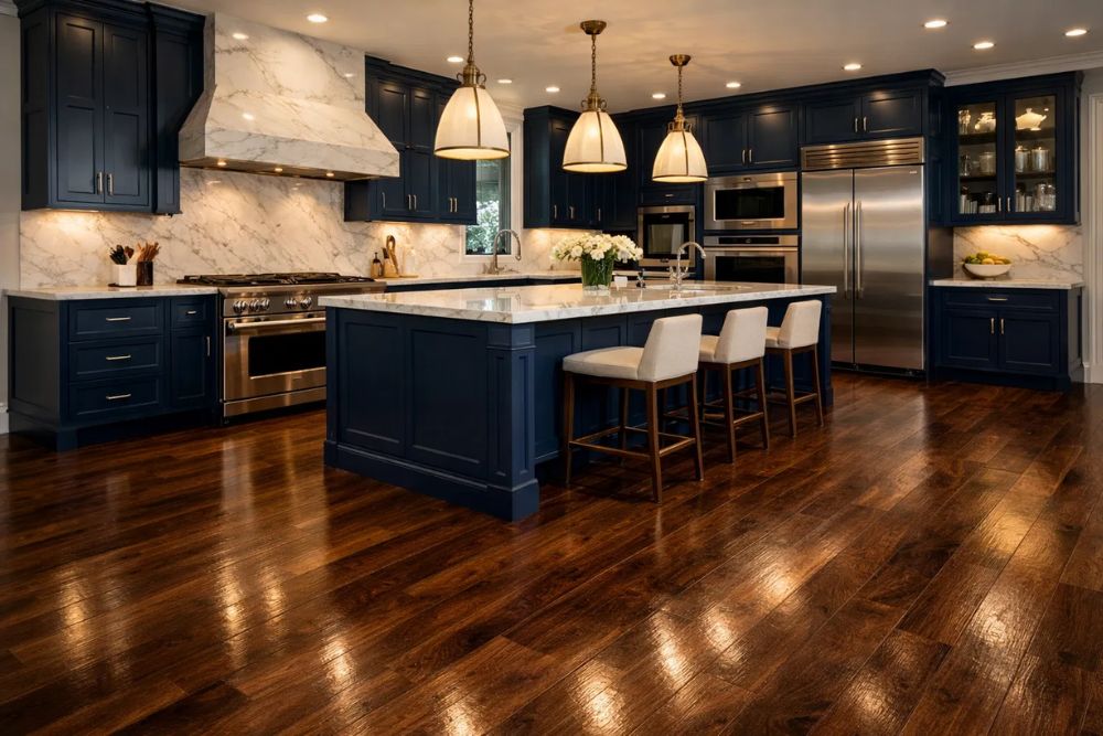 Completed Buckhead, GA LVP Installation in a luxury kitchen with dark wood-look LVP flooring, marble countertops, and navy cabinets.