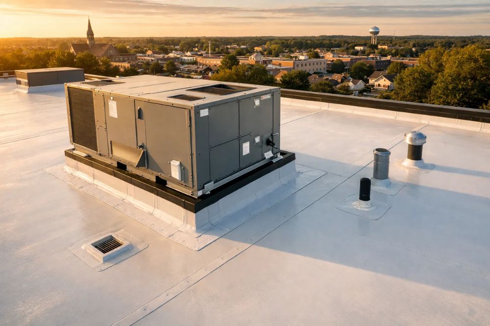 Close-up drone shot of a newly installed TPO membrane and HVAC flashing for Commercial Roof Repair Washington MN.