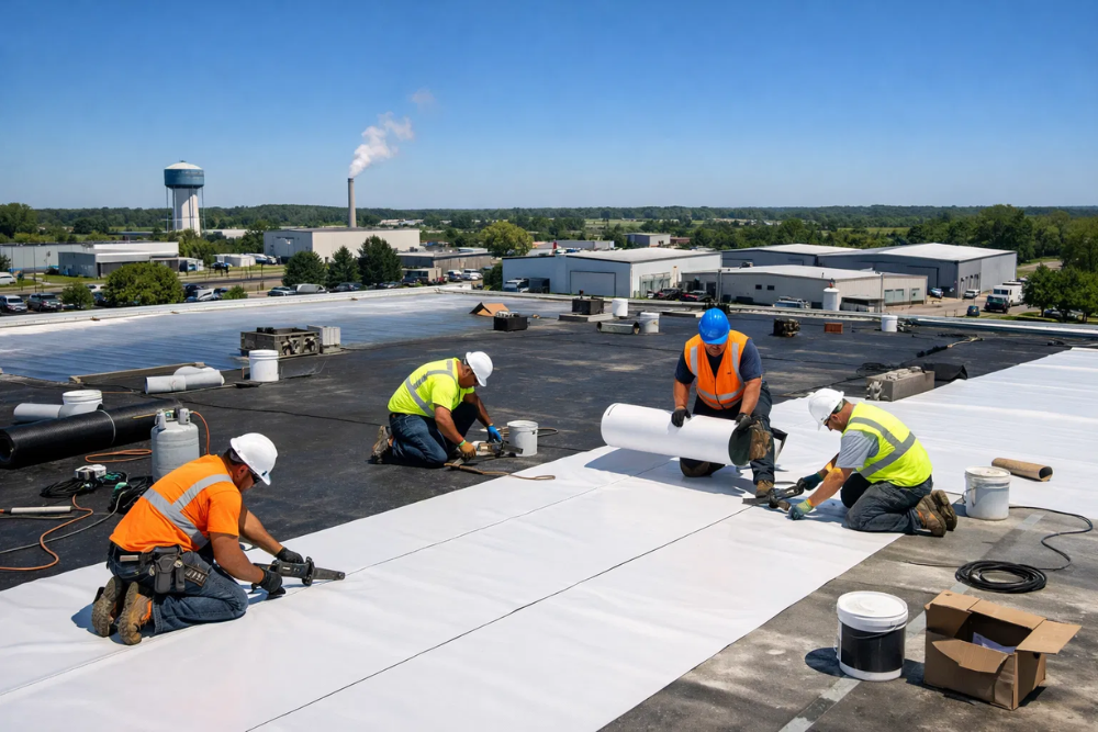 Professional roofing crew performing Commercial Roof Repair Washington MN on a large industrial building.