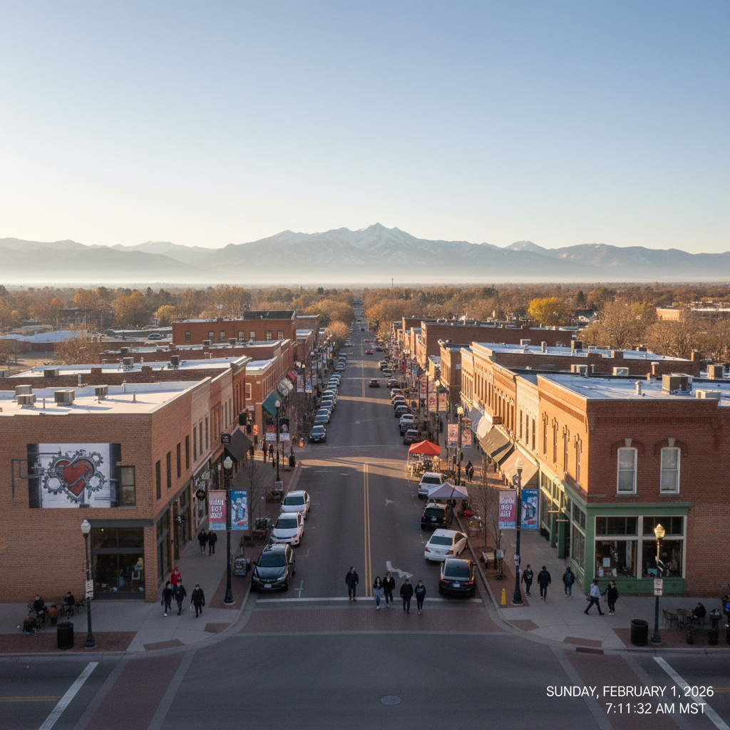Downtown streets; an Internet Marketing Service in Loveland, CO by Top Click Joe Inc. highlights the heart of the city.
