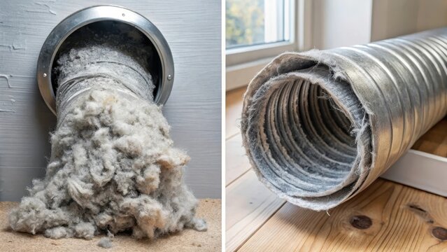 Before and after Dryer Vent Cleaning Colorado Springs CO by Premier Carpet Cleaning, showing a vent cleared of heavy lint.