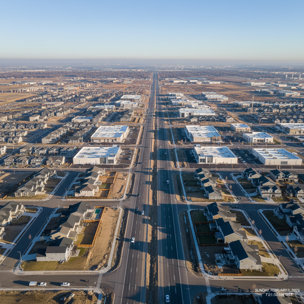 Marketing Service Business Loveland Neighborhoods by Top Click Joe Inc: High-altitude view of I-25 and modern developments.
