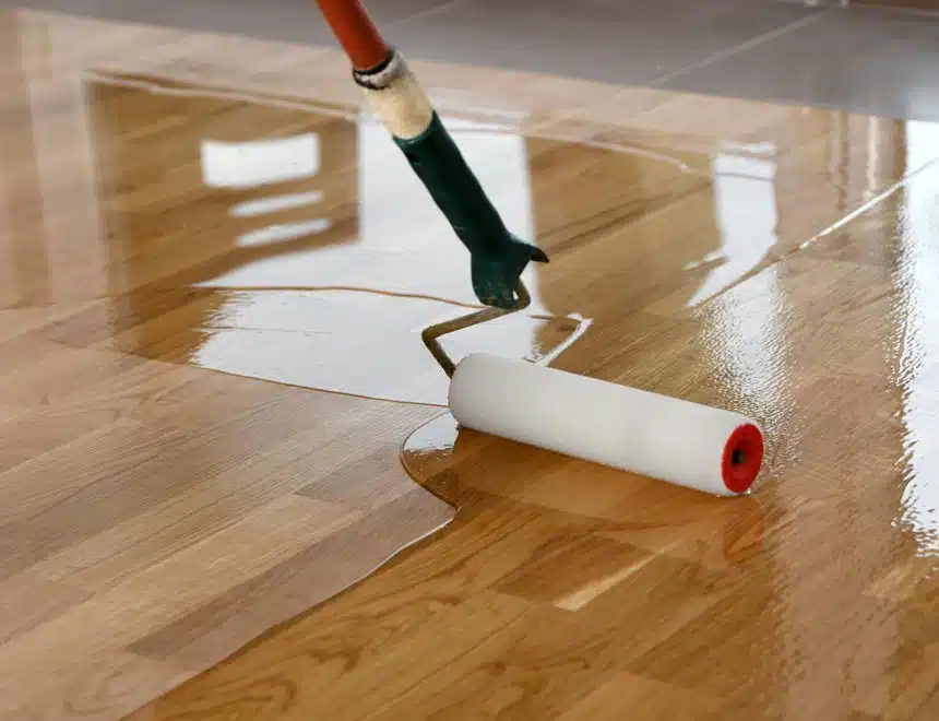 Hardwood Floor Screen & Re-Coat Montclair VA by Spotless Carpet Cleaning & Hardwood Floor Care: applying a glossy new finish.