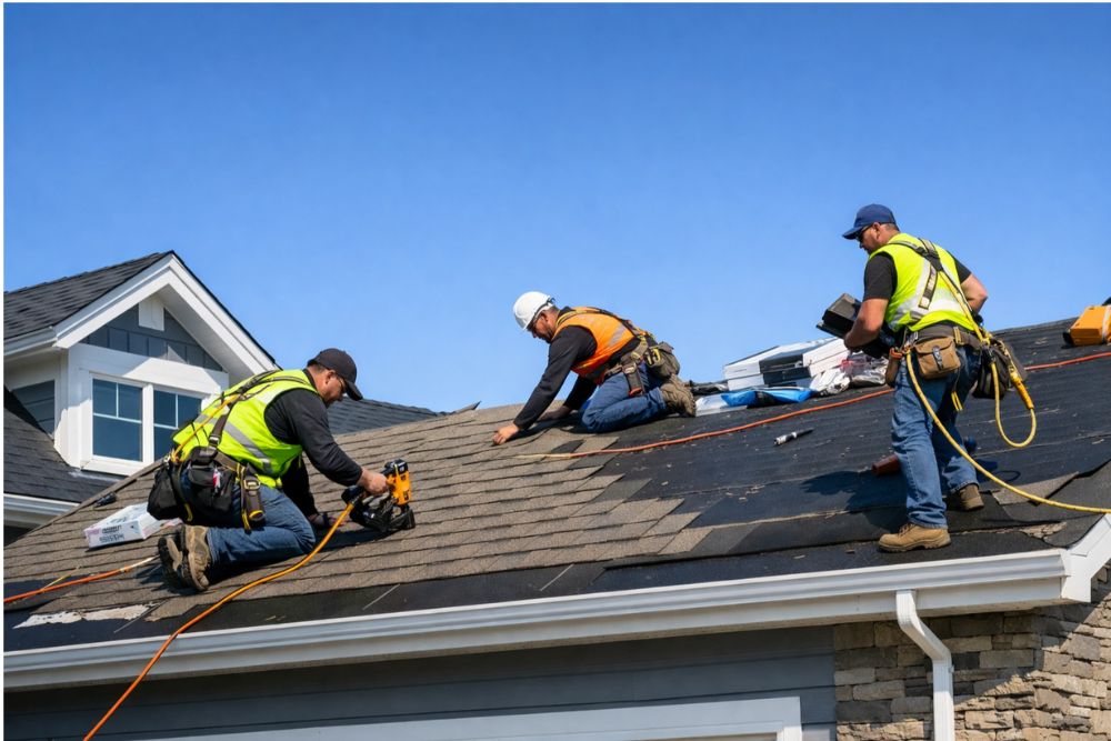 Professional roofing contractors performing a Myrtle Creek residential roof installation on a sunny day.