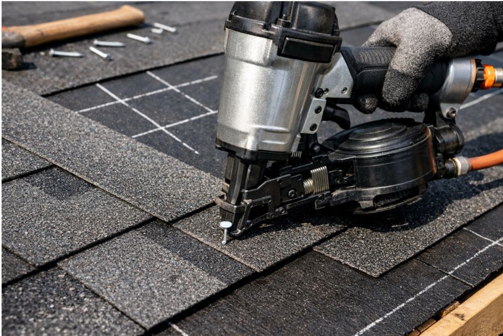 Detailed view of a pneumatic nail gun securing shingles during a Myrtle Creek residential roof installation.