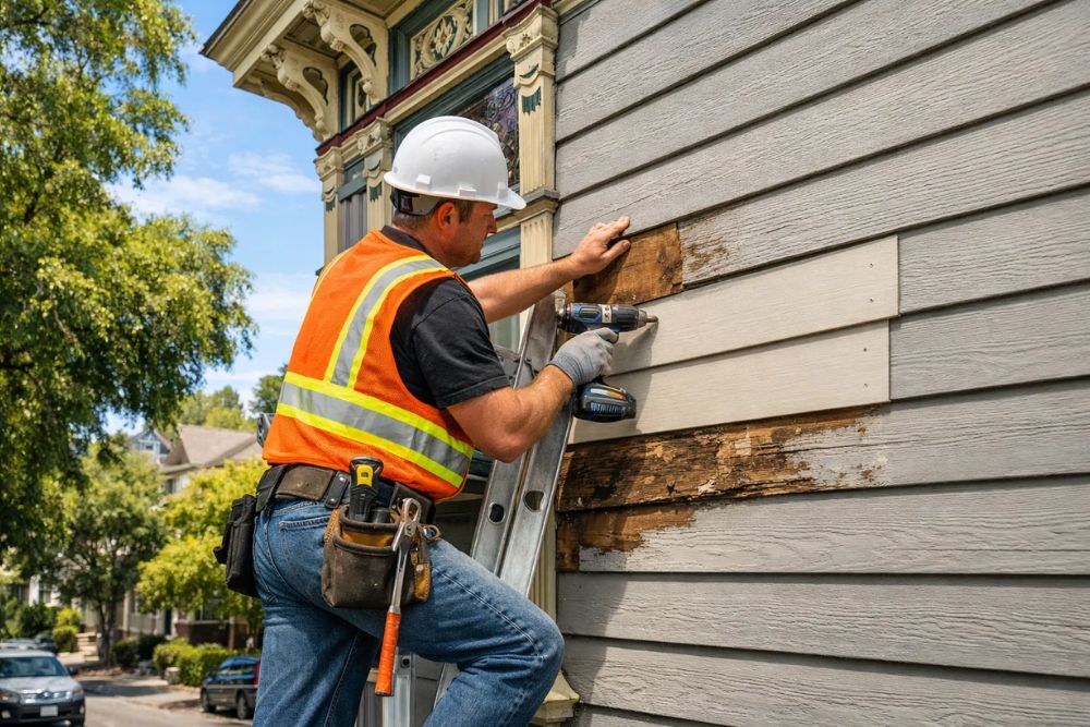 Professional contractor performing an Oakland Residential Siding Repair on a classic Victorian home.