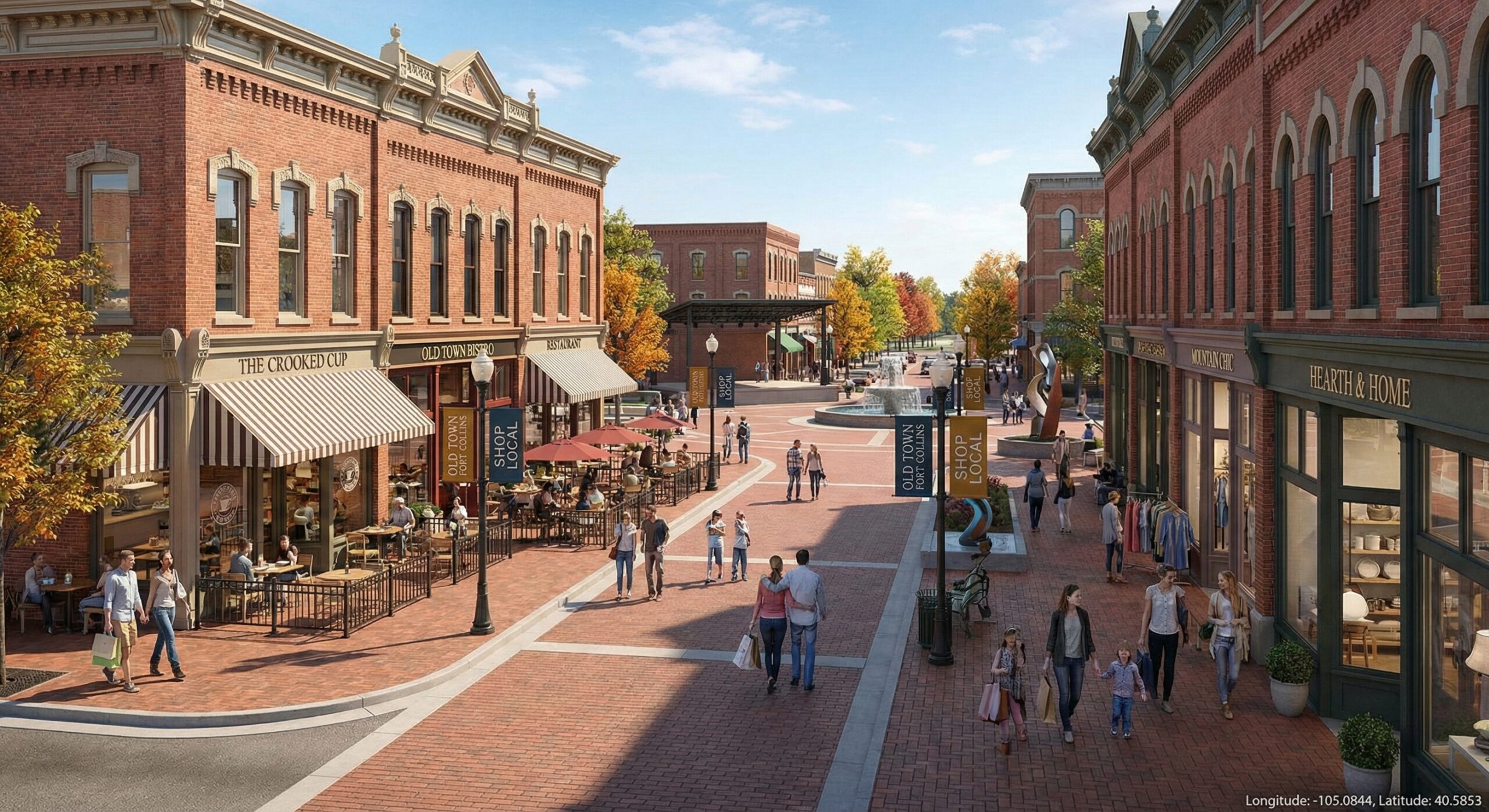 Internet Marketing Service in Old Town Fort Collins by Top Click Joe Inc: A vibrant brick walkway with shops and shoppers.