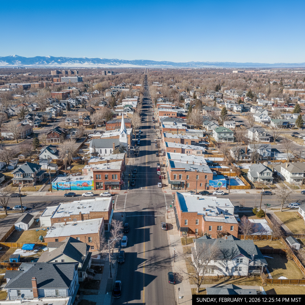 Local SEO Cleveland Avenue Wellington aerial view by Top Click Joe Inc showing historic buildings and the Rocky Mountains.