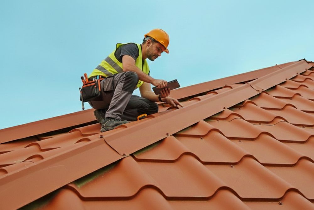 Professional contractor performing a Residential Roof Inspection Washington MN using a digital tablet.