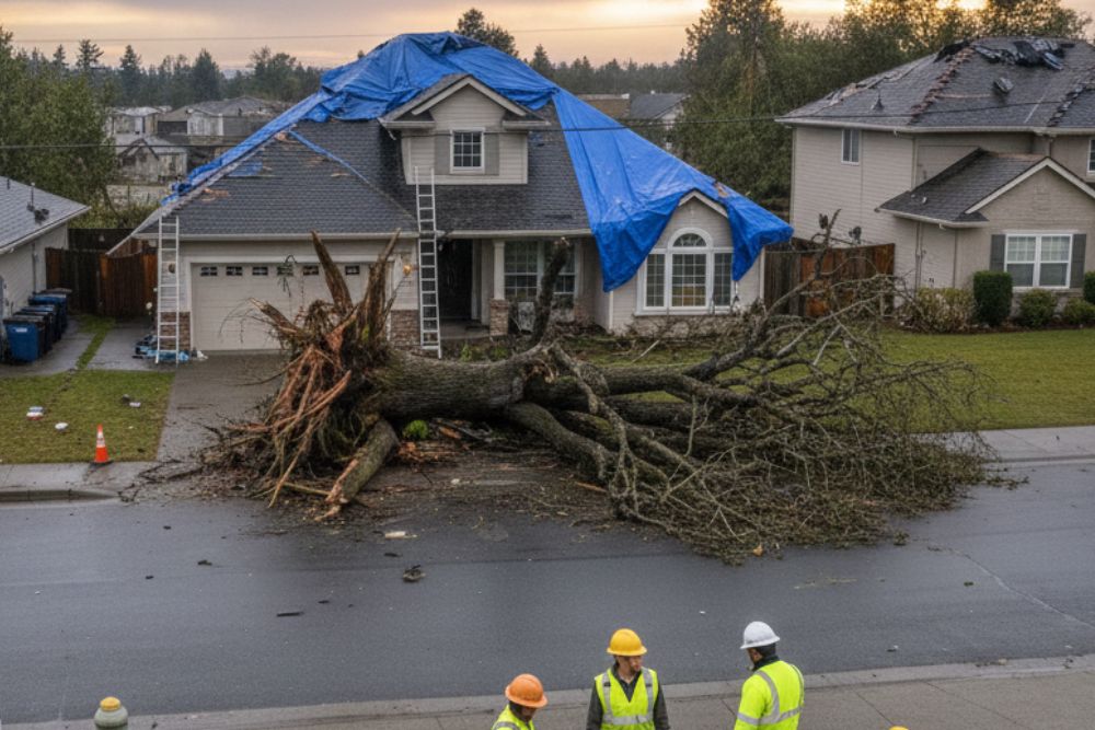 Emergency residential storm damage repair in Washington, MN featuring a house with a blue tarp roof and a large uprooted tree in the driveway.