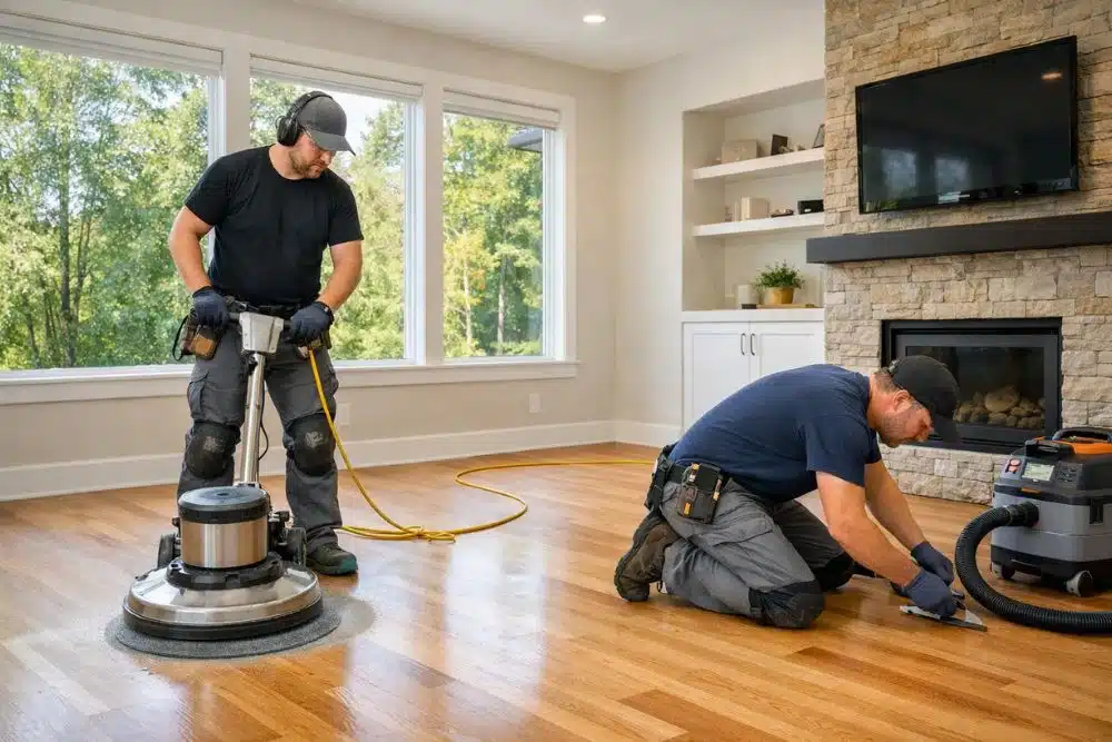 Professional contractors performing a screen and recoat Redmond WA service in a modern residential home.