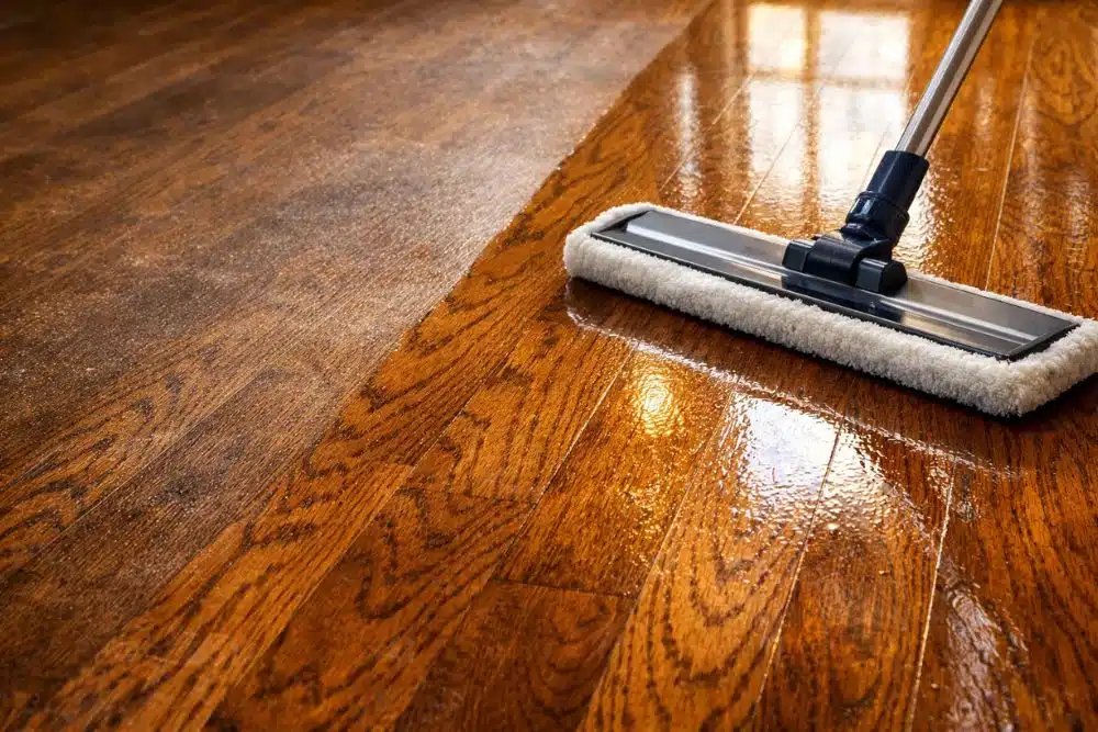 Professional screen and recoat Redmond WA service showing a close-up of a fresh polyurethane topcoat being applied to a hardwood floor.