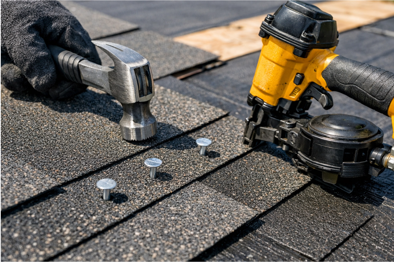 Close-up of high-quality asphalt shingles and roofing tools during a Sutherlin Residential Roof Installation.
