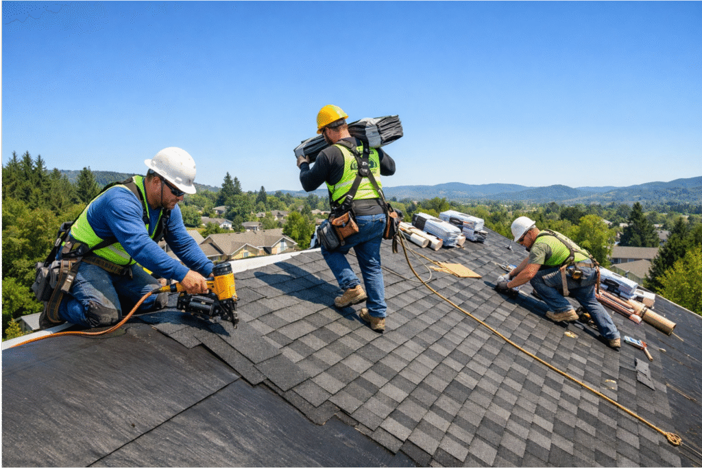 Professional roofing crew installing new shingles on a home for a Sutherlin Residential Roof Installation.