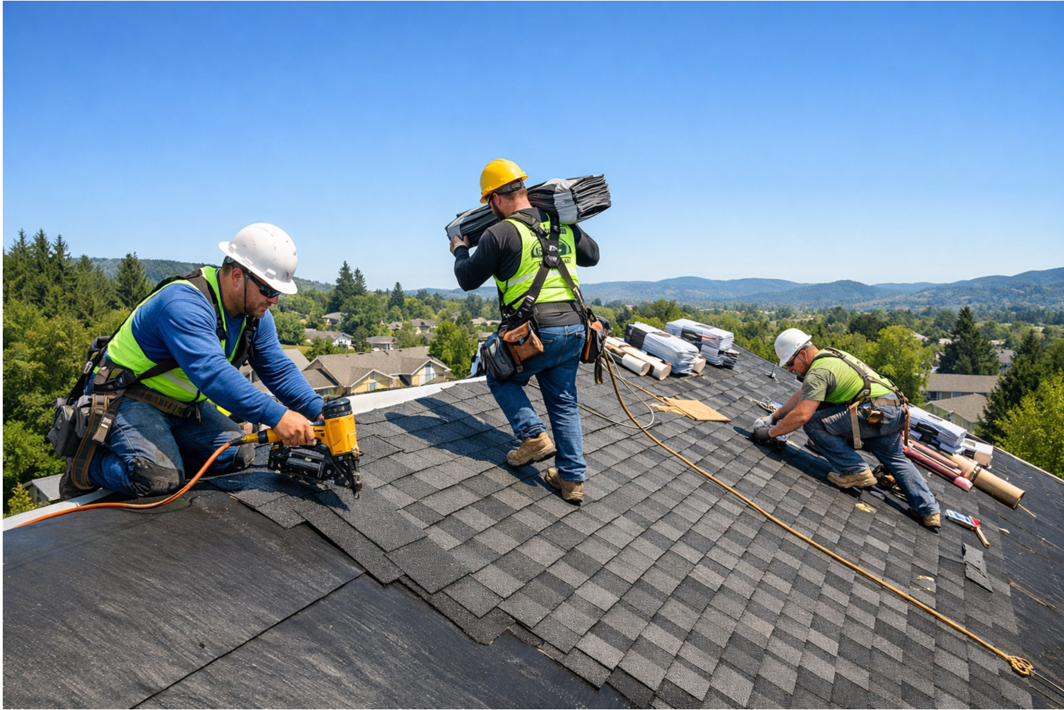 Professional roofing crew installing new shingles on a home for a Sutherlin Residential Roof Installation.