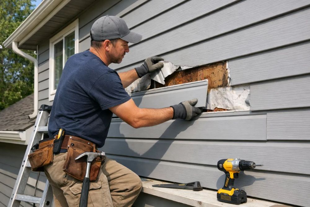 Professional technician performing a Sutherlin Residential Siding Repair on a suburban home.