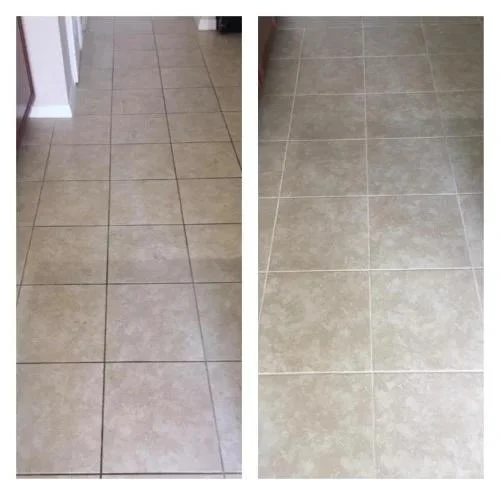Tile and Grout Cleaning Colorado Springs CO by Premier Carpet Cleaning shows a dramatic before and after floor transformation.